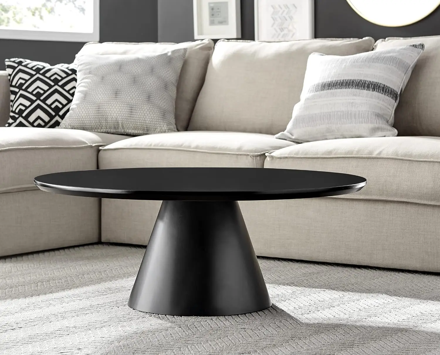 Minimalist Black Round Coffee Table with Tapered Central Pillar for Living Room, Customized