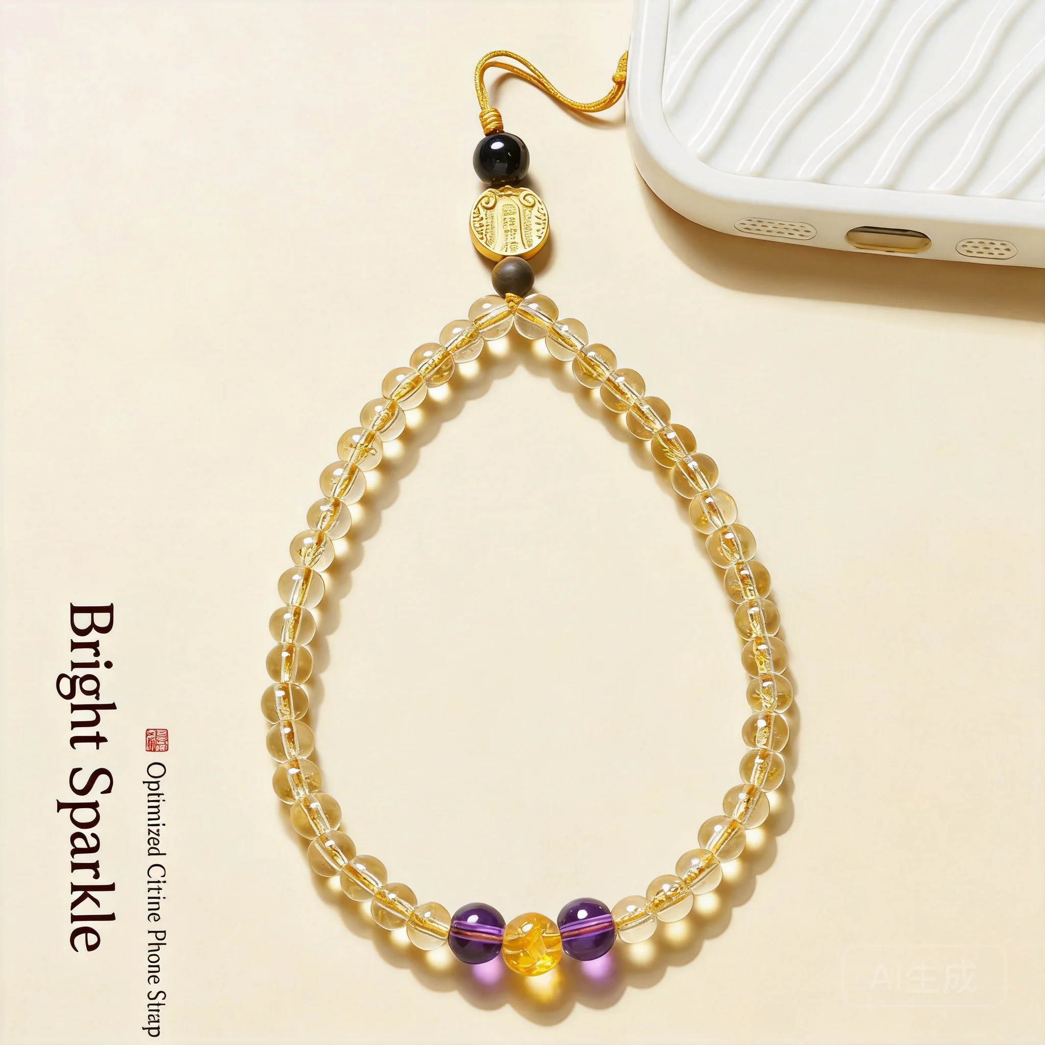 

Chinese Style Five Wealth Gods Citrine Beaded Phone Lanyard Wrist Strap Feng Shui Lucky Fortune Attracting Good Luck Blessing