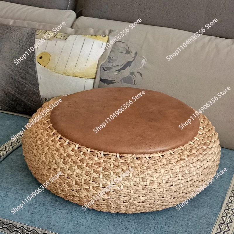 Modern Knitted Round Pouf Ottoman Stool W/PU Leather Seat Pad Floor Yoga Meditation Cushion Straw Rusitc Tatami Pouf Furniture