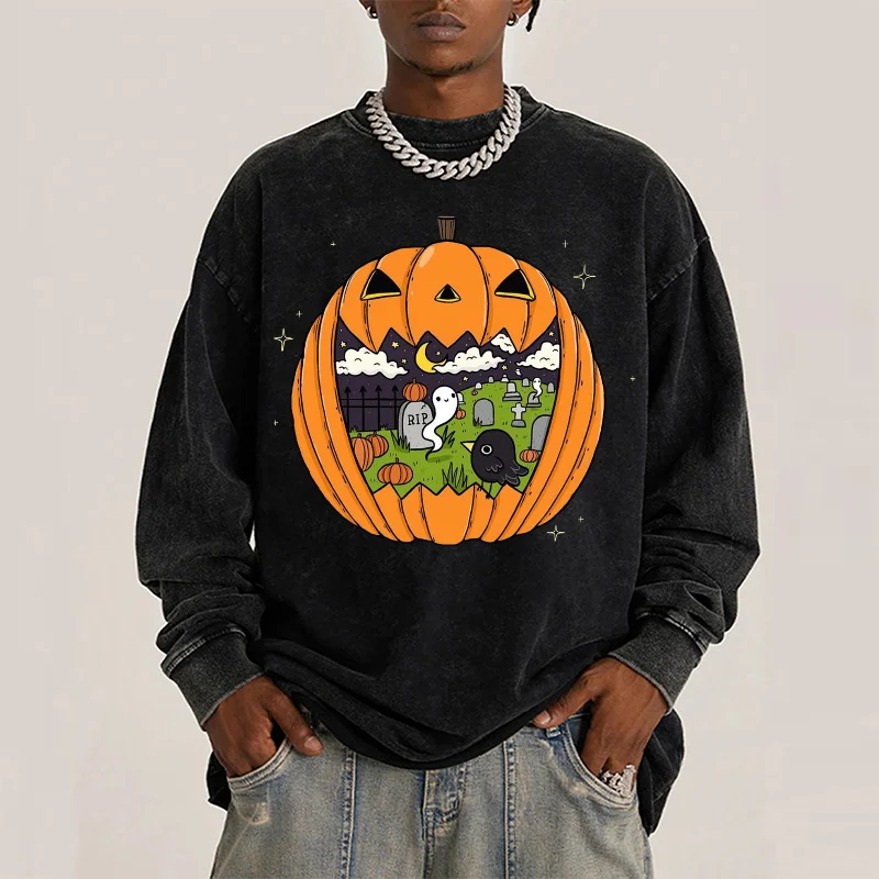 Halloween Theme y2k Washed Long Sleeve T Shirt For Men, Fantasma Graphic Printed, 100% Cotton Unisex Pumpkin Print Cotton Tshirt