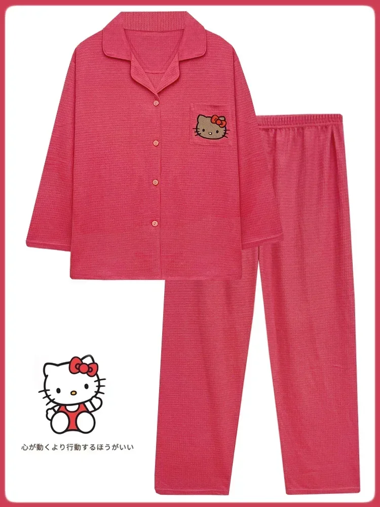 Sanrio Hello Kitty autumn new cotton long-sleeved trousers two-piece set women\'s pajamas silk pajamas women\'s loungewear set