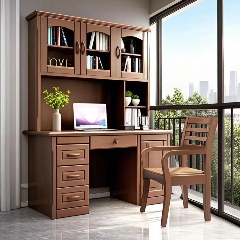 Solid Wood Desk with Bookshelf 1.2M Computer Desk Study Table with Storage Bookcase Home Office Bedroom Furniture