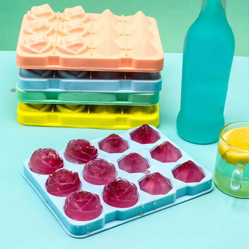 Ice Cube Mold 12 Cavities Rose Gemstone Shaped Ice Tray Beverages Juice Ice Ball Maker Removable Lid Drinks Ice Cube Trays