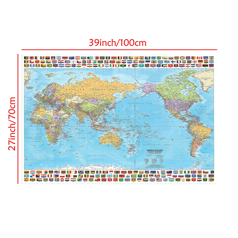 O Mapa do Mundo em Inglês com a Bandeira Nacional, Dobrável Tecido, Decoração de Parede, Material Escolar, Sala de Aula, 100x70cm