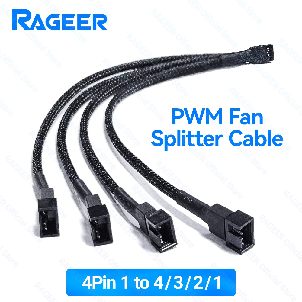 

RAGEER PWM 4-Pin Fan Splitter Cable, 1 to 2/3/4 Female To Male Extension Wire Nylon Material Extension Cable for PC Case Fan