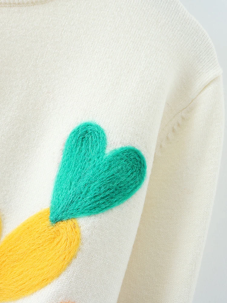 2024 Spring Women Lovely Sweater O-Neck Colorful Candy Color Heart Embroidery Knitwear Slim All-Match Pullover Femme C-066