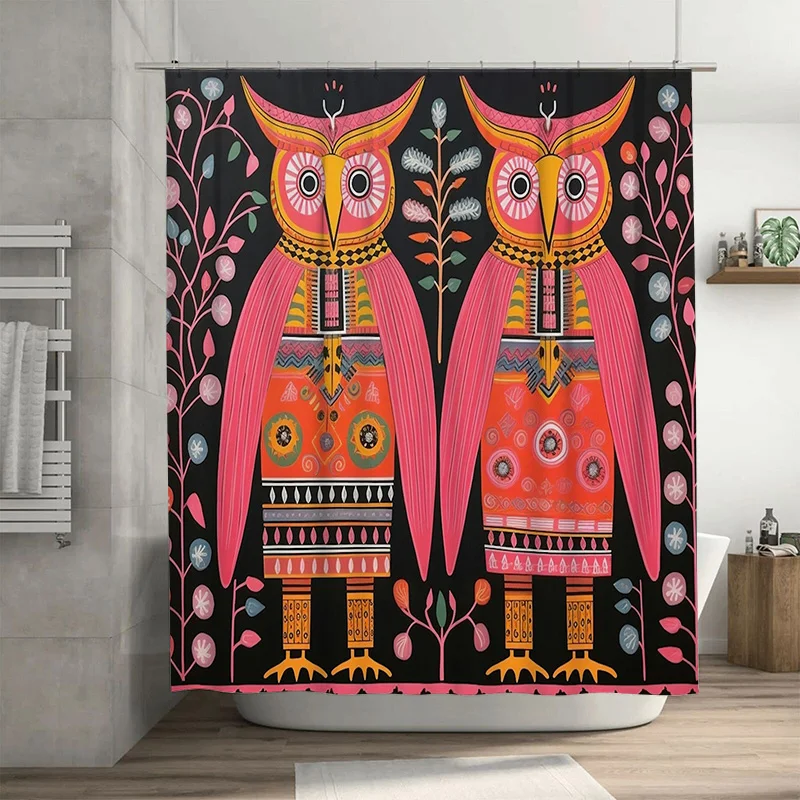 

Bright Owl Print Shower Curtain Black Bathroom Decor for Home Bath House Modern Artistic Design Waterproof Fabric, 72x84 (Set) P