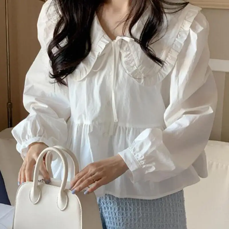 

Korean Style Women White Long Sleeve Cotton Blouse Fashion Casual Ruffled Doll Collar Temperament Elegant Oversized Blouse Top