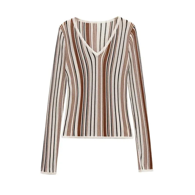 

2025 Vintage Striped Knit T-Shirt for Women, Long Sleeve V-Neck Slim Casual Autumn Tops