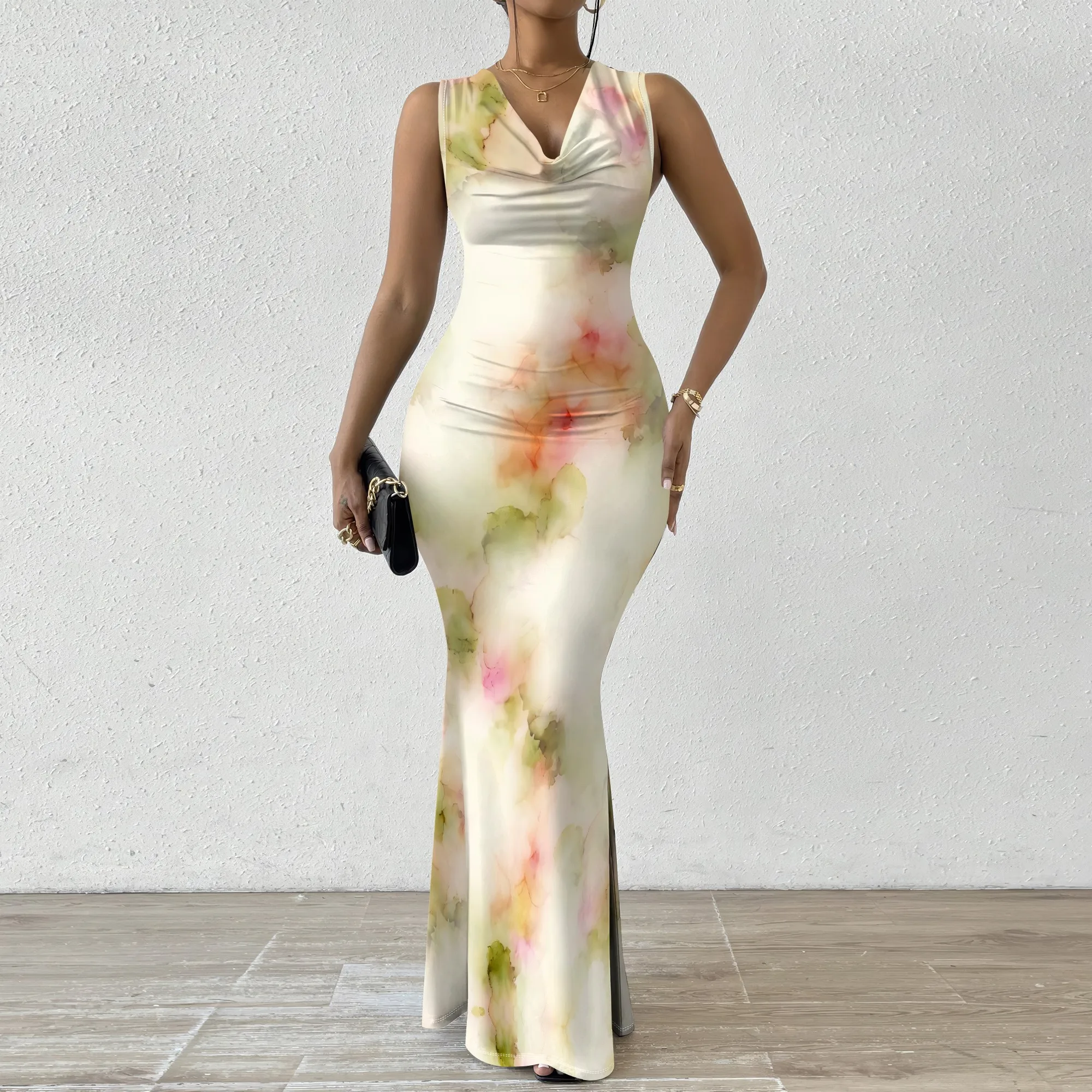 

Women's V-Neck Sleeveless Maxi Dress Watercolor Abstract Print Elegant Summer Casual Dress