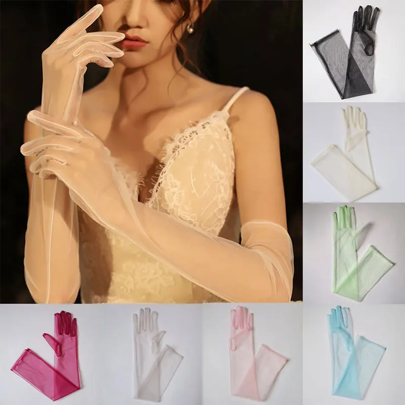 

Fashion Long Sheer Tulle Gloves Ultra Thin Stretchy Full Finger Mittens Halloween Accessory Mesh Elbow Wedding Bride Gloves