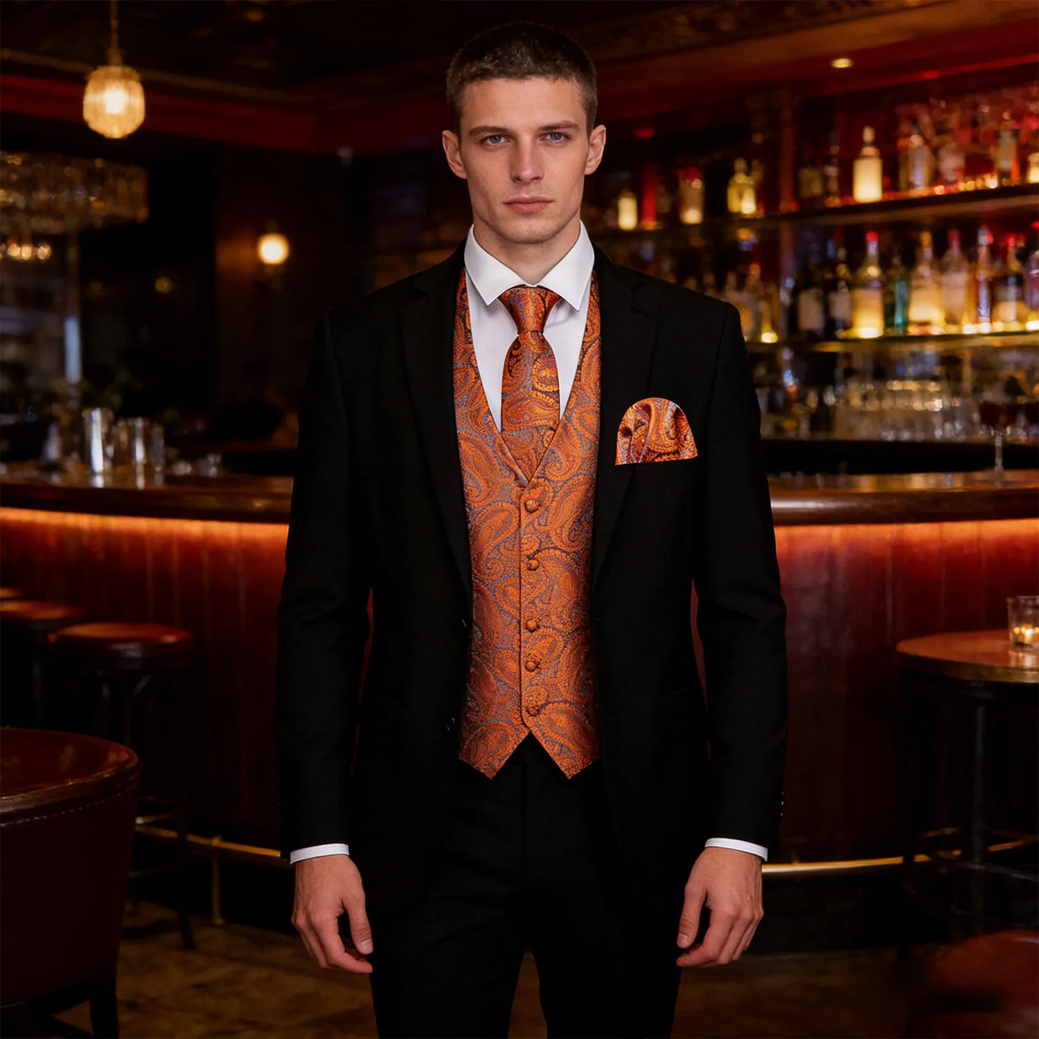 

Мужской модный оранжевый жилет с V-образным вырезом и узором пейсли, с платком и запонками, для свадьбы, вечеринки, подарка, повседневной носки, банкета