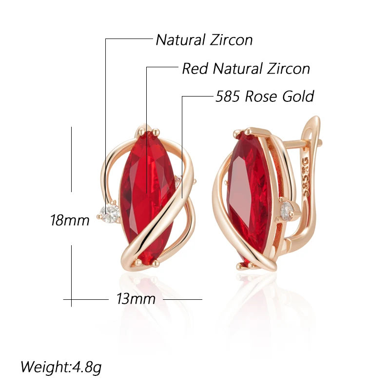 Kinel Hot Shiny Red Natural Zircon Drop Earrings for Women Fashion 585 Rose Gold Color High Quality Daily Fine Vintage Jewelry