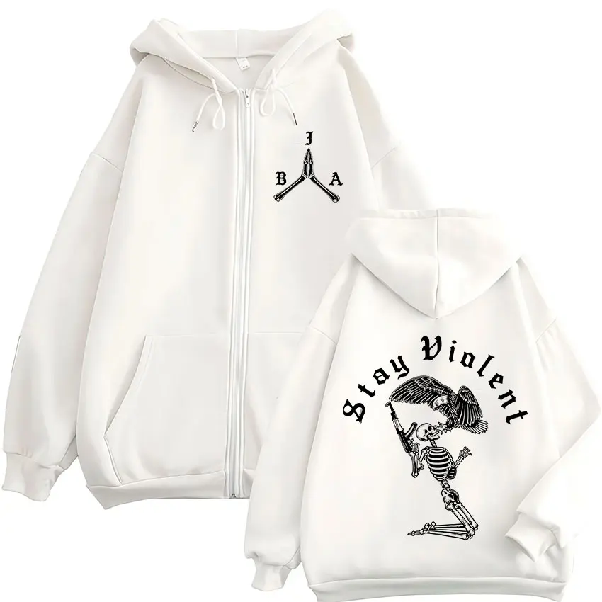 Stay Violent Brothers in Arms Skelett-bedruckte Kapuzenpullover mit Reißverschluss für Herren und Damen, Kapuzenpullover mit Reißverschluss, Vintage-Pullover, Jacken, Mäntel – Detail 4