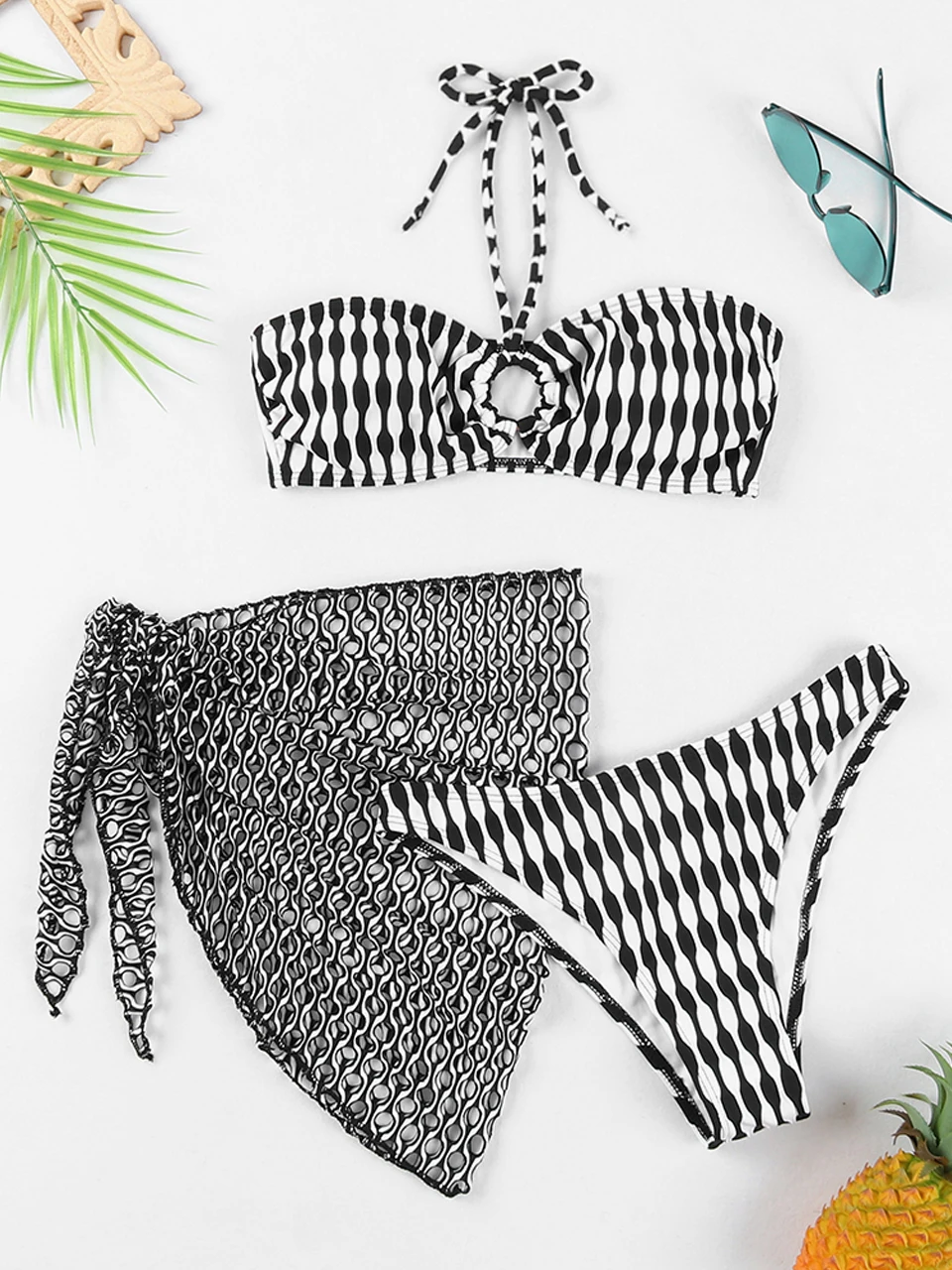 3 Pieces Halter Ring Link Bikinis 2024 Women Beach Skirt Stripe Print Swimsuit Sexy Swimwear Female Bathing Swimming Swim Suit 