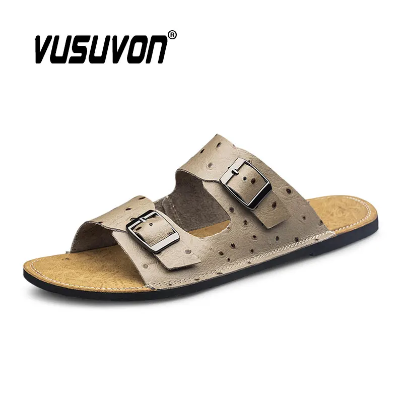 Hot Sale Genuine Leather Fashion Men Slippers Outside Black Shoes Casual Soft Flip Flops Brand Male Cool Beach Summer Slide Flat