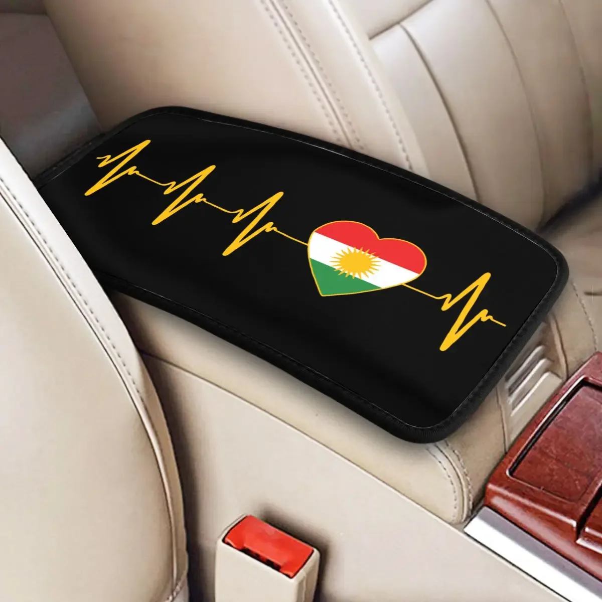 Leather Center Handle Box Pad Cushion Universal Kurdish Heartbeat Flag I Love Kurdistan Car Armrest Cover Mat Storage Box Pad