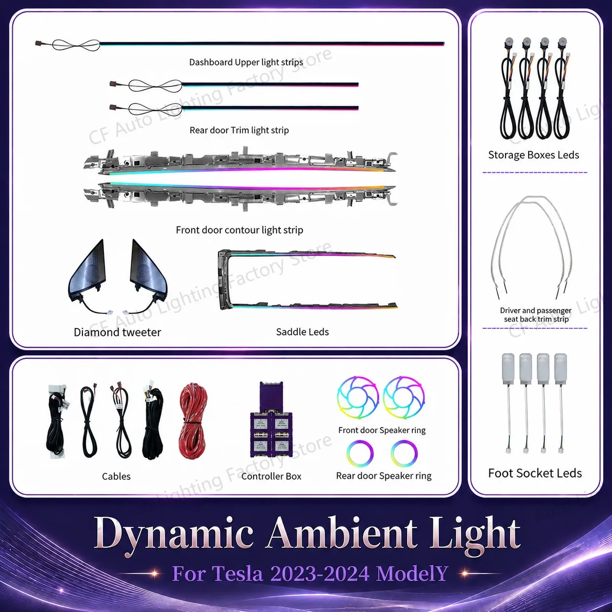 

CF Dynamic Ambient Lighting Kit For Tesla Model Y 2023-2024 RGB LED Interior Dashboard Decorative Light Strip Upgrade