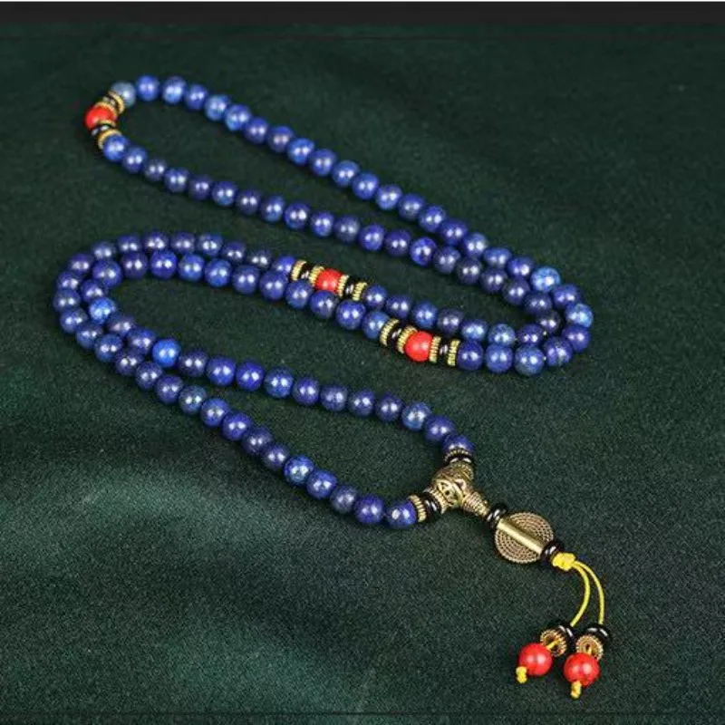 Optimized Lapis Lazuli 108 Beads Bracelet Necklace, Mixed Red Turquoise Stone Mala Prayer Beads Unisex Jewelry