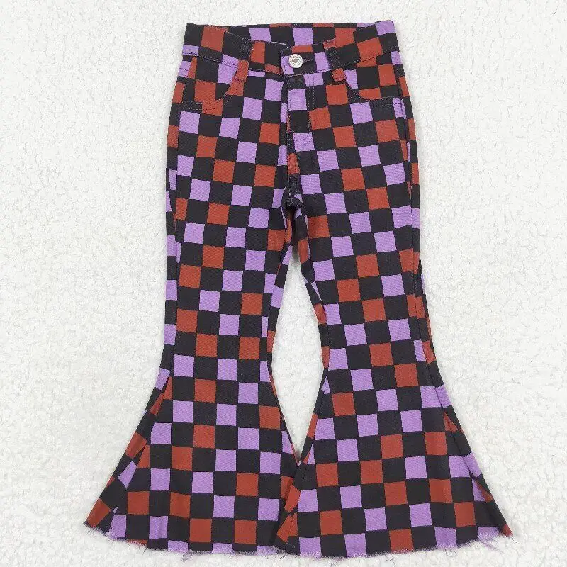 

Baby girls purple checked black Jeans toddlers denim bell bottom pants Kids Children Boutique Wholesale elastic Clothing