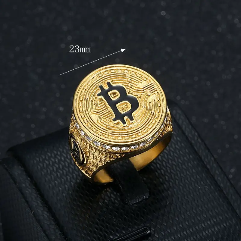 HIP Hop Bling Gold Silver Color Stainless Steel Bitcoin Round Rings for Men Rapper Jewelry Size 7-13