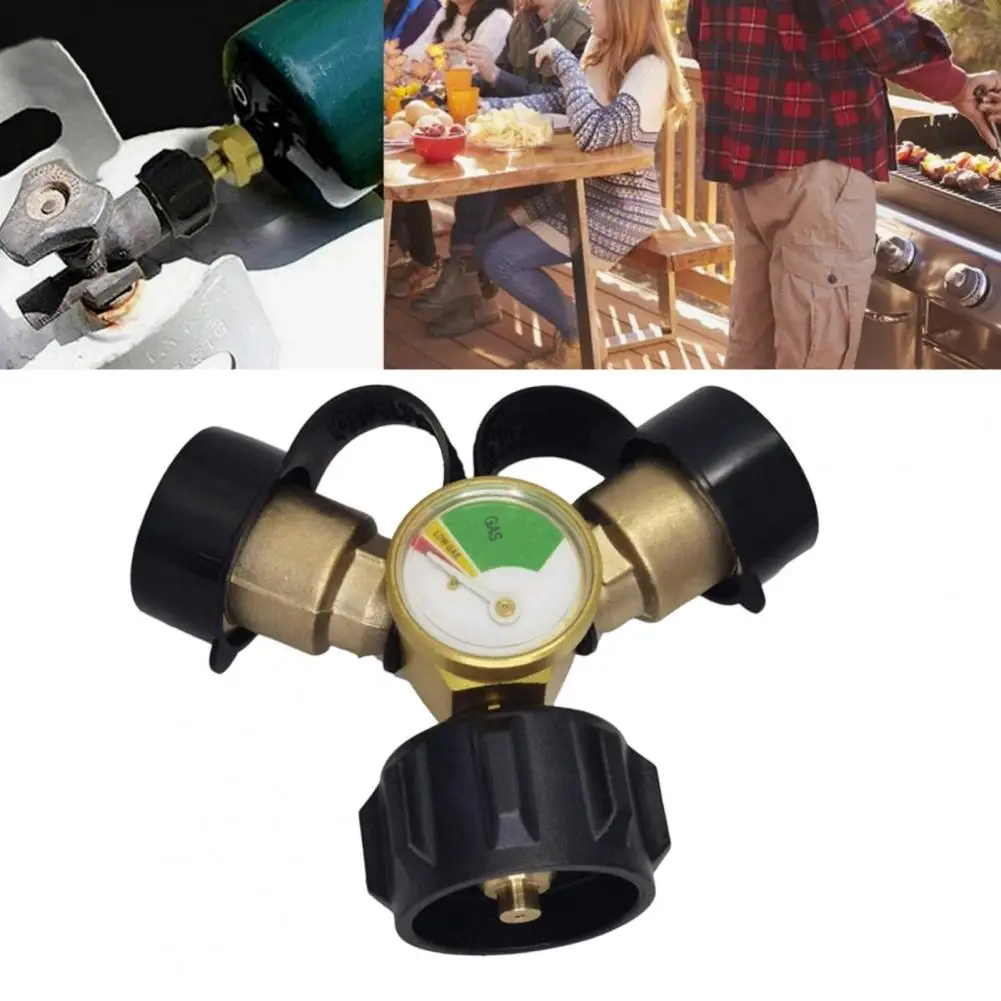 Metal Propane Tank Connector 2-Way Gas Tank Adapter with Gas Level Indicator Gauge Outdoor Camping Cooking Gas Tank Converter