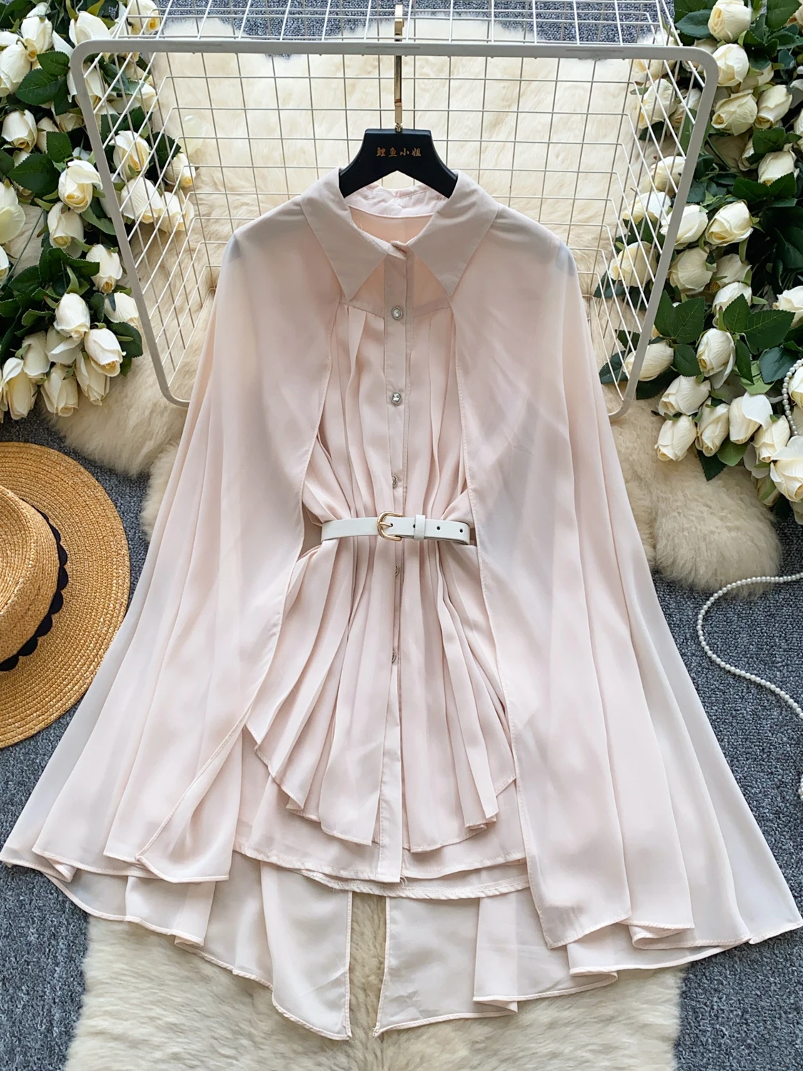 

Korean Sle Simple Svel Collar irt Women Summer Lace Trim Pleated+Net oulder awl Cover up Sister Set