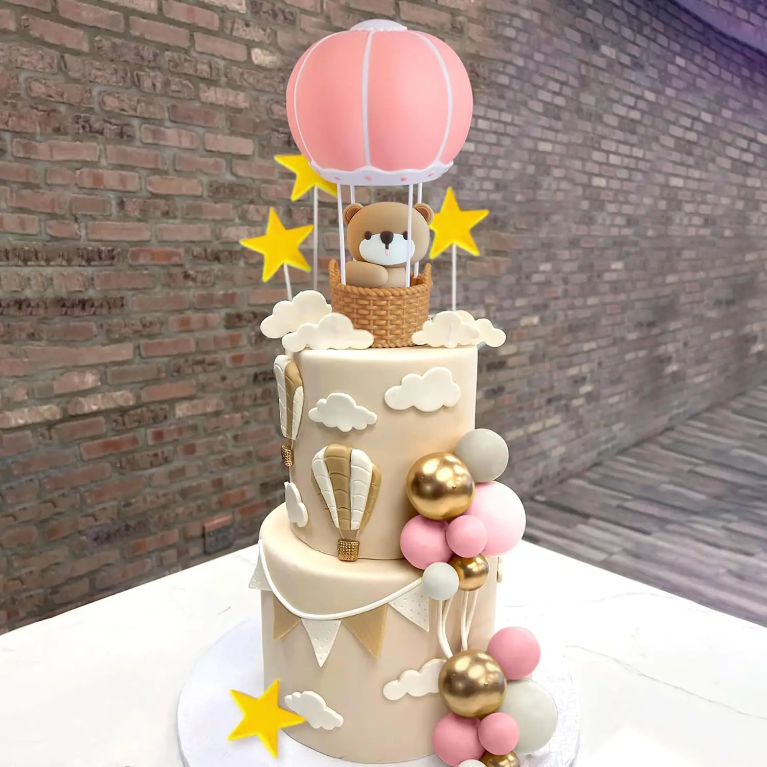 LaVenty Blue Pink Bear Cake Decoration Blue Gold Balls Cake Topper Hot Air Balloons Baby Shower Birthday Cake Decoration - view 6