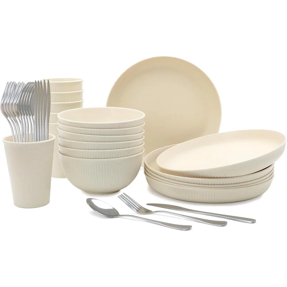 

36 шт., набор посуды из пшеничной соломы, многоразовые небьющиеся прочные кухонные принадлежности, включает в себя чашки, тарелки и миски для пикников на открытом воздухе