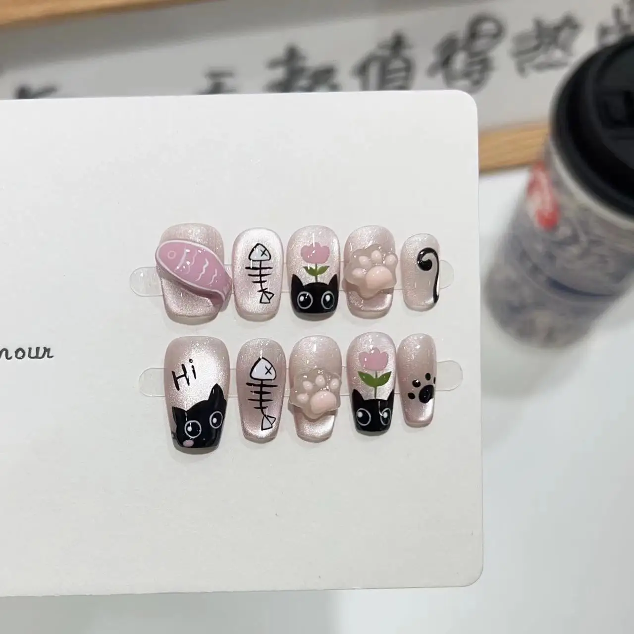 10Pcs Pink Handmade Press-On Nails Cute 3D Kitten Eating Fish Design Sweet Fake Nail Tips for Women and Girls Daily Wear Gifts