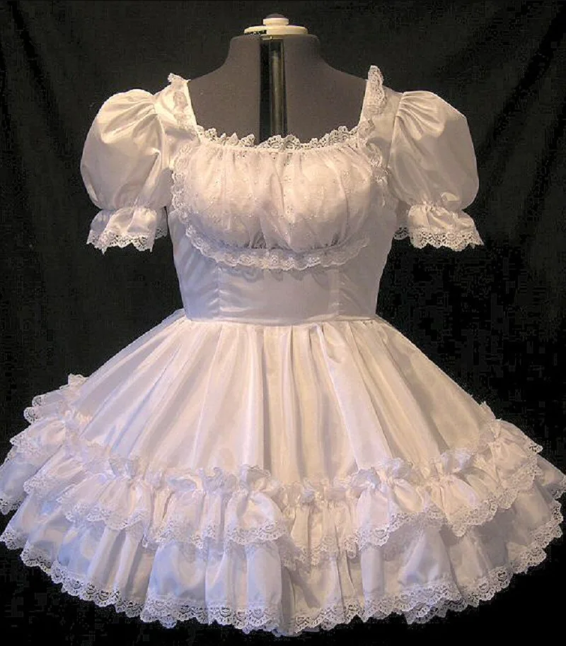 Lockable Maid Sissy Dress White Satin Square Low Neck Lace Tight Waist Puff Skirt Customized