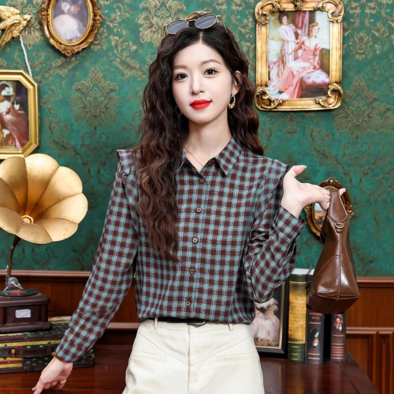 Vintage damesblouses Casual geruit overhemd Mode losse lente/zomer Koreaanse kleding Damestops met lange mouwen