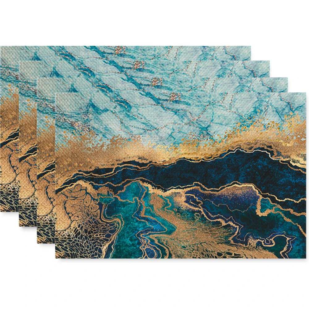 Teal Blue Gold Agate Marble Linen Placemats Heat Resistant Mats For Luxury Coastal Style Holiday Dinner Table Arrangement