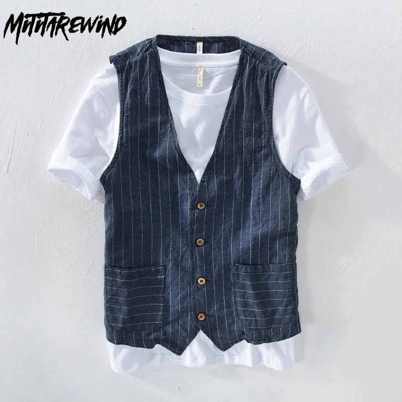 

British Style Men's Vest Spring Summer Causal Cotton Linen Vests for Men V-neck Striped Sleeveless Jacket Retro Slim Waistcoat