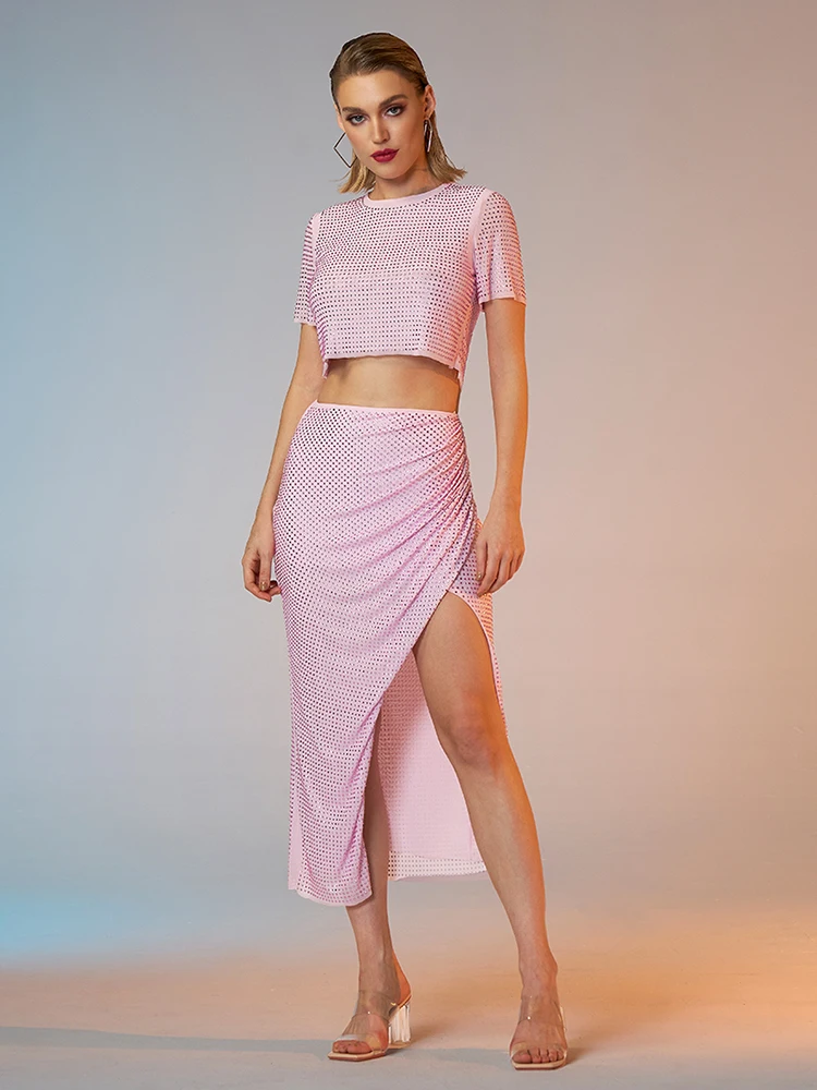 

Sexy Diamonds 2 Piece Set Women Pink Hot Diamond Short Sleeve Tops + Long Slit Skirts Suits Elegant Evening Party Club Sets