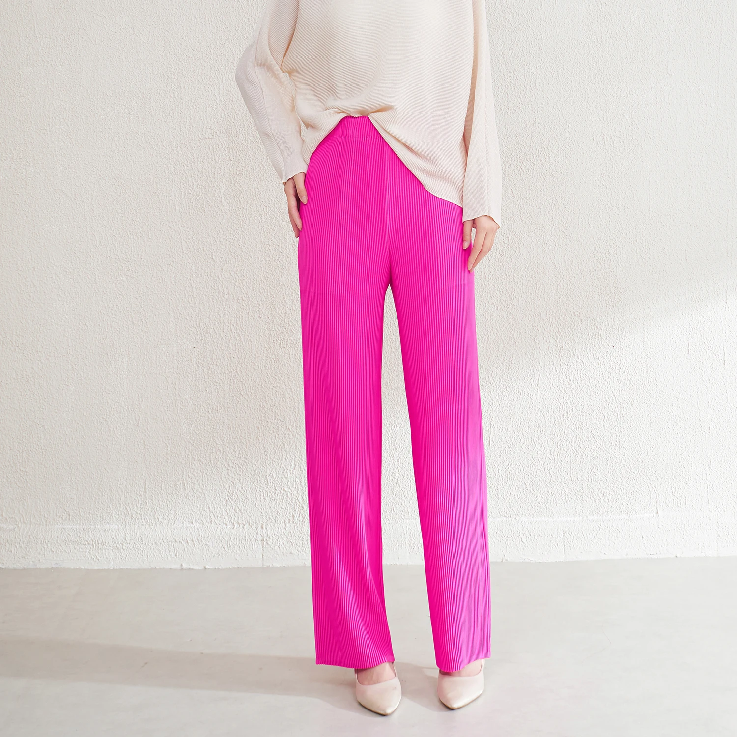 고품질 미야케 플리츠 공장 여성 캐주얼 스트레이트 바지 폴리에스터 원단 플리츠 공예 바지