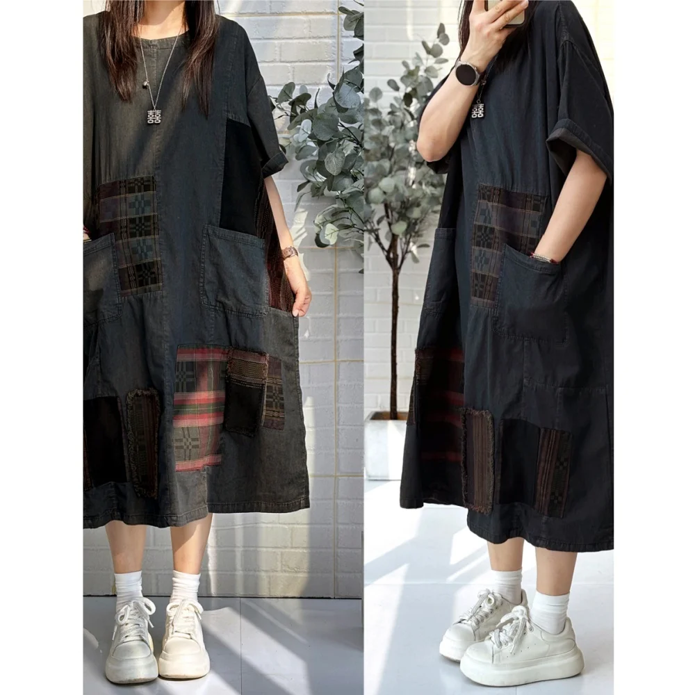 Ethnic Style Loose Casual Short-sleeve Dress Women Color-blocked Large Pockets Mid-length Dress Summer LX5789