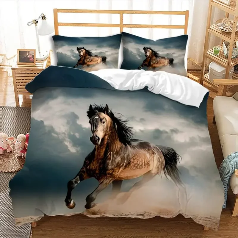 Horse Comforter Cover Set for Kids Bedding Set Boys Girls 3Pcs Duvet Cover Set Soft Luxury Quilt Cover with Pillowcase Full Size