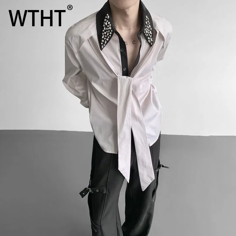 

WTHT модные мужские рубашки контрастного цвета со сращенной лентой и бриллиантами, модные свободные топы с длинными рукавами и лацканами, мужские осень 2023, 2A1790