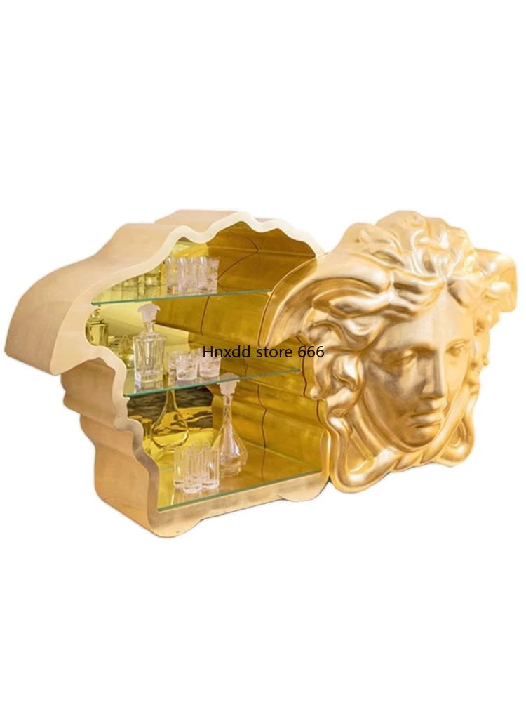 Italian light luxury solid wood gold foil dining side cabinet displayed against the wall glass