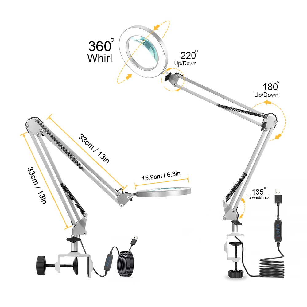 Imagem -03 - Prata Dobrável Lupa Desk Lamp Luzes Led Luzes de Leitura Modos de Cores Usb Power Supply Iluminação Magnifier 5x 72smd