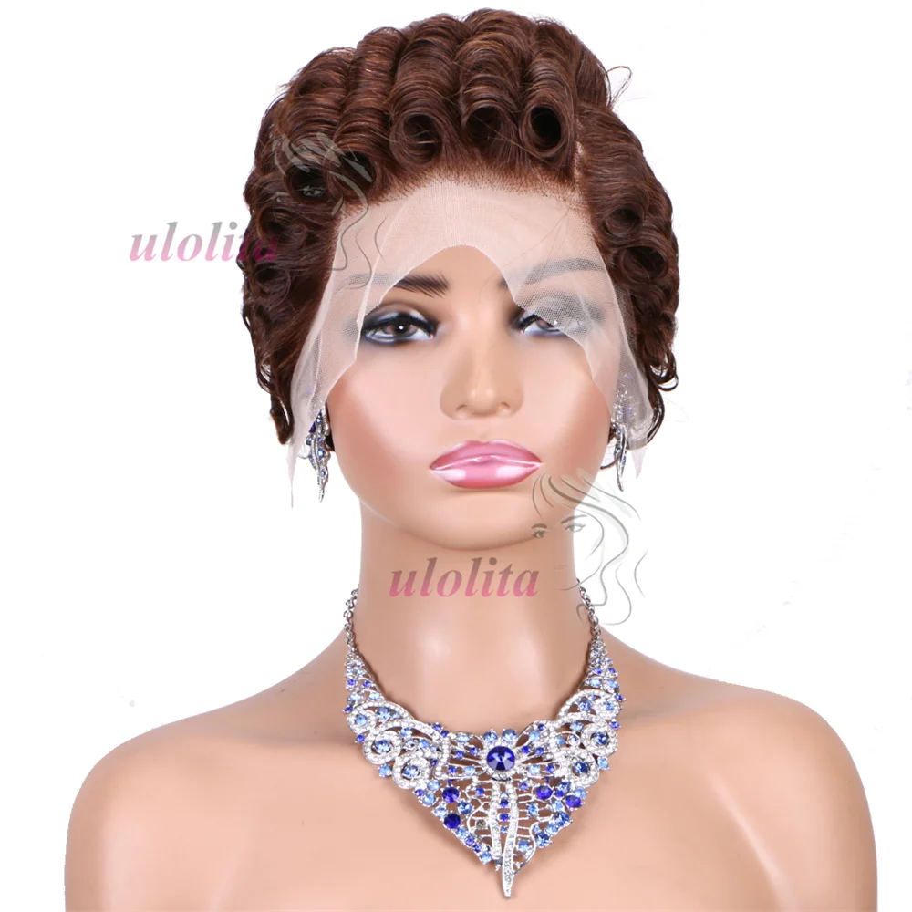 # 4 Schokoladenbraune 13x4 kurze Bob-Perücken mit lockerer Welle, gebleichten Knoten, Pixie-Schnitt, HD-transparenter Spitzenfront, Echthaarperücke – Detail 32