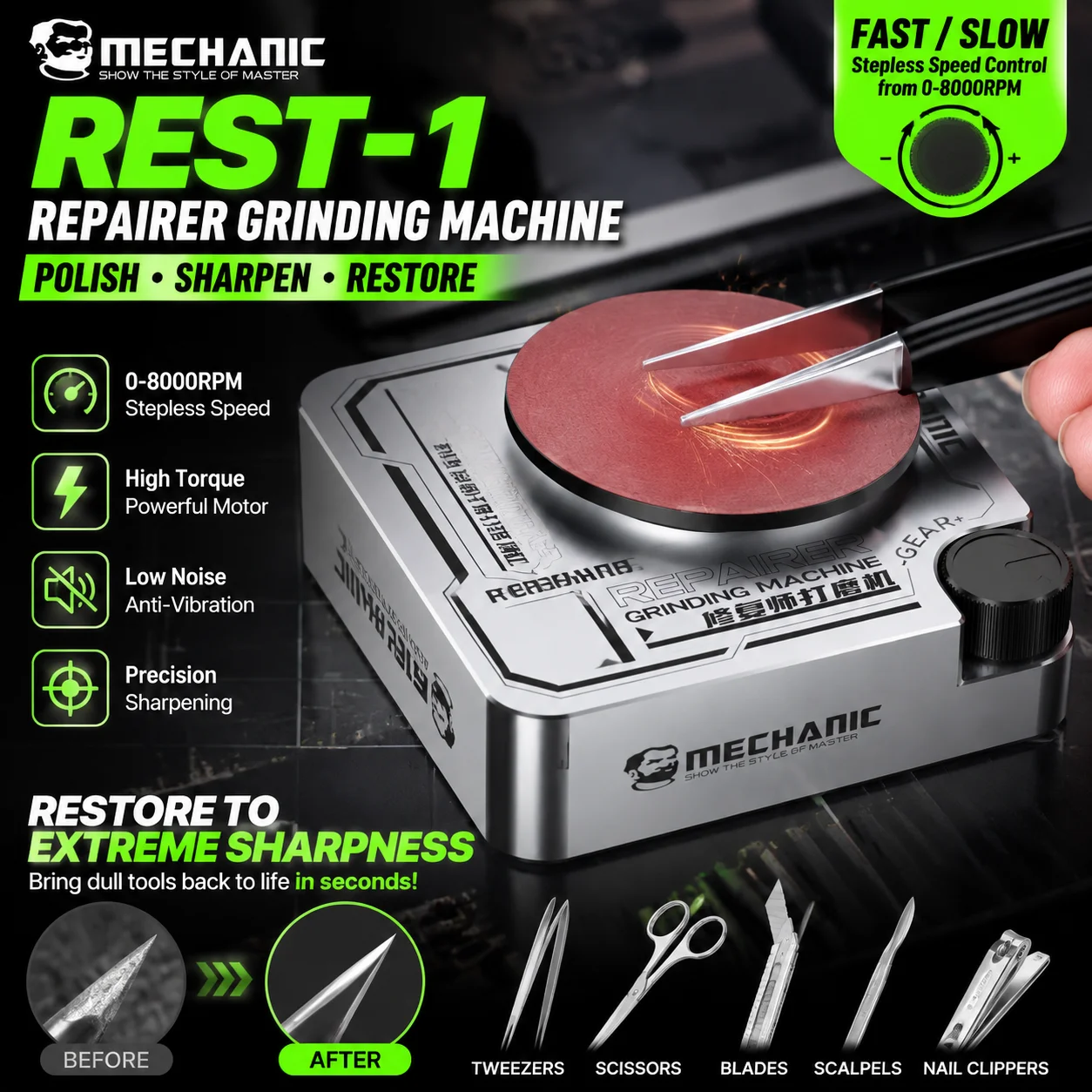 MECHANIC Rest-1 Mini Portable Grinding Machine Stepless Speed Regulation for Tweezers Blade Polishing Plastic Jade Grinding Tool