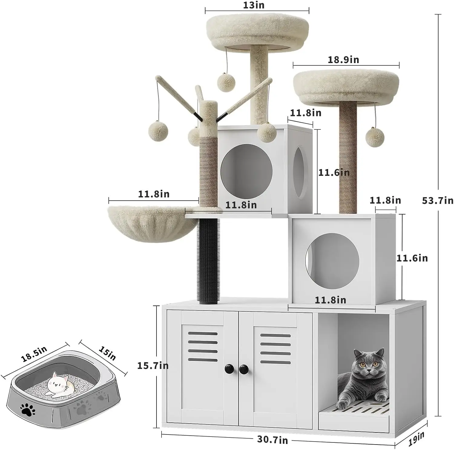 Garvee Large Cat Tree and Tower for Indoor Cats With Hidden Washroom Cabinet,Post,Perch&Brush Spacious Hammock Padded Perches and Condos Cat Toys