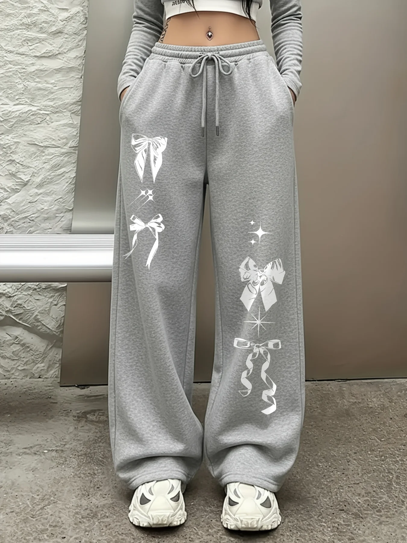 Women's Street Style Casual Sweatpants with Bow Print New Arrivals for Spring Fleece Loose Fit Streetwear Oversized