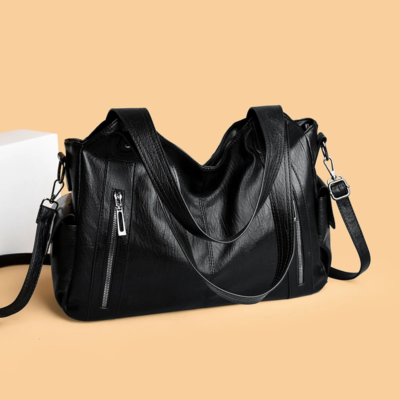 Damen Vintage PU-Leder Handtasche mit mehreren Reißverschlusstaschen, modische Schulter- und Umhängetasche für Arbeit, Alltag und Reisen – Detail 4