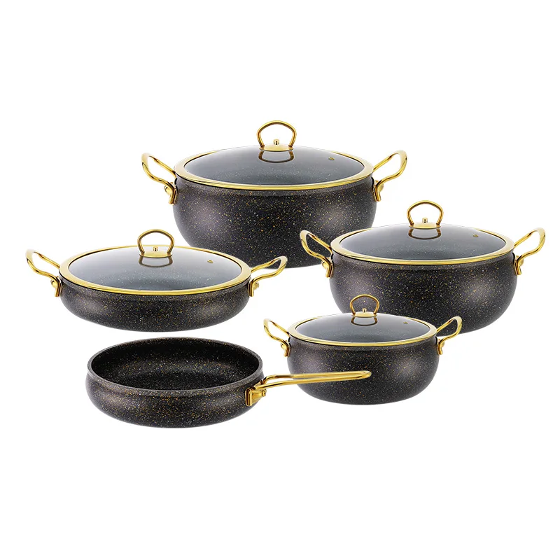 Hot Selling 9pcs Eco-Friendly Granite Cookware Set Classic Aluminium with Marble Coating S/S Handle Glass Cover Kitchen Pots