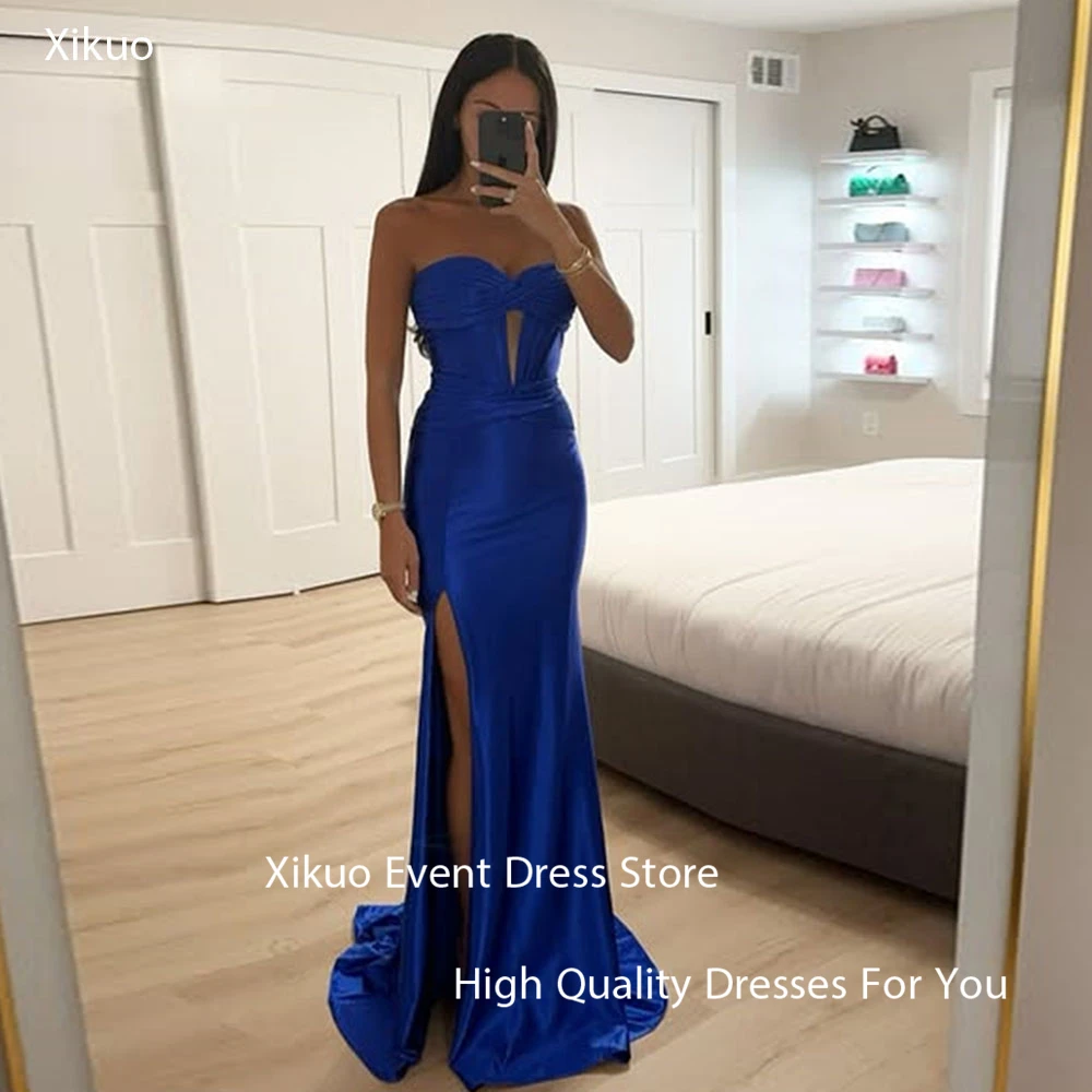 

Xikuo Graceful Satin Women Evening Gowns Strapless Long Vestidos De Fiesta Pleated Mermaid Cut Out Prom Party Dresses Customized