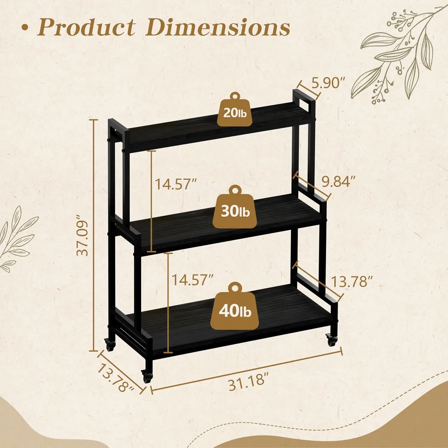 Rolling Ladder Style 3-Tier Plant Stand with Wheels Solid Wood Iron Frame Display Shelf Space Saving Multiple Flower Pot Rack for Home Balcony Patio, Black view 4