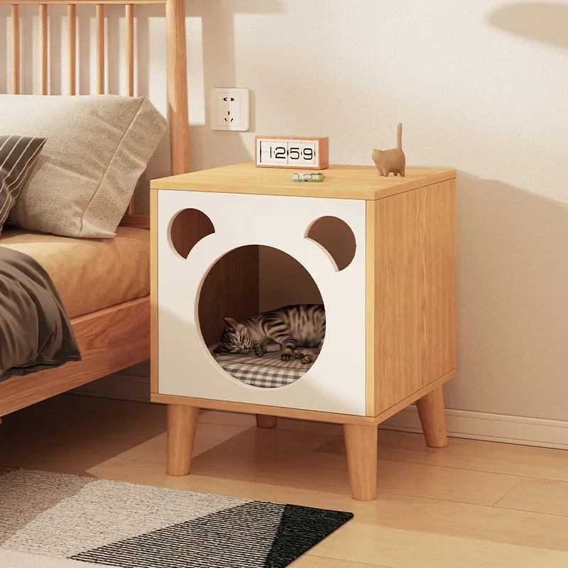 

Solid Wood Leg Cat Nest Bedside Table Simple Modern Bedroom Small Bedside Table Multi-functional Cat House Storage Cabinet